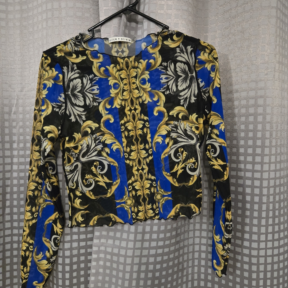 Alice + Olivia Black, Blue, and Gold Baroque Blouse